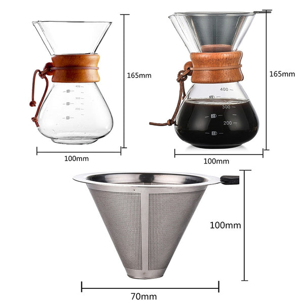 Heat Resistant Classic Glass Pour Over Coffeemaker with Stainless Steel Coffee Filter